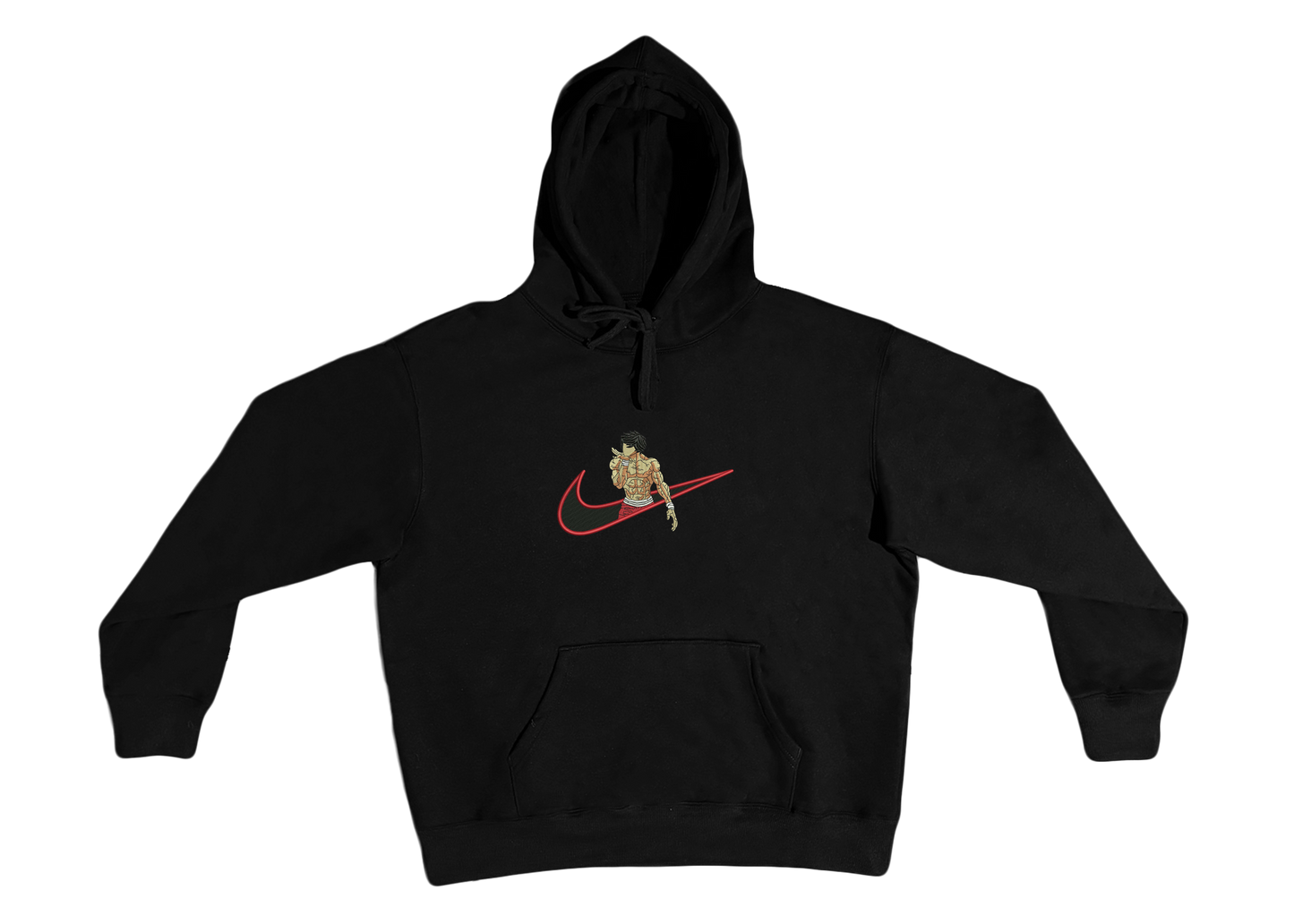 Sweat à capuche Baki brodé avec l'image de Baki Hanma en position de combat
